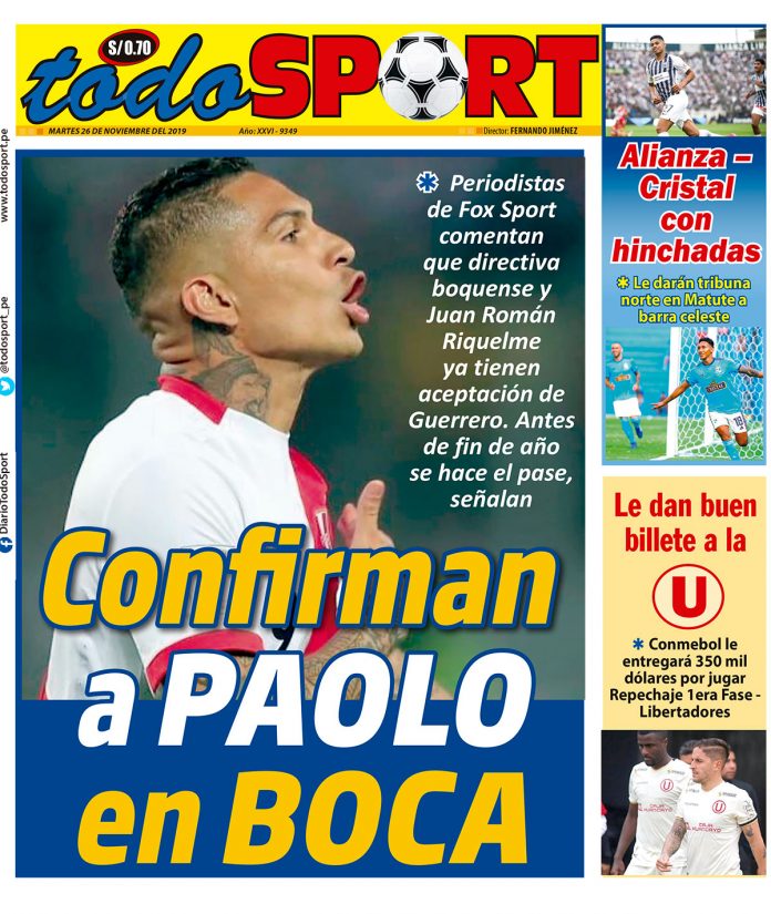 Portada impresa – Diario Todo Sport (26/11/2019) Portada impresa – Diario Todo Sport (26/11/2019)