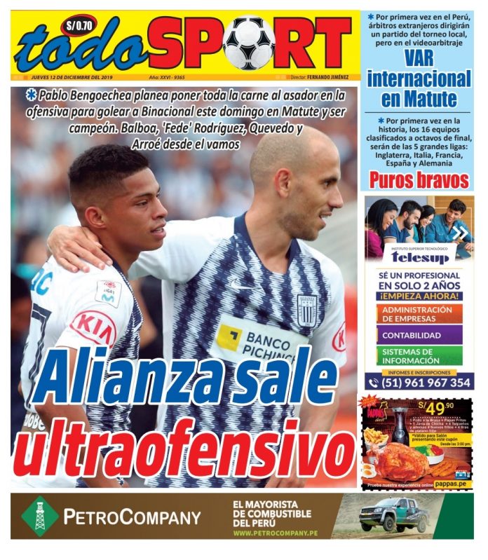 Portada impresa – Diario Todo Sport (12/12/2019)