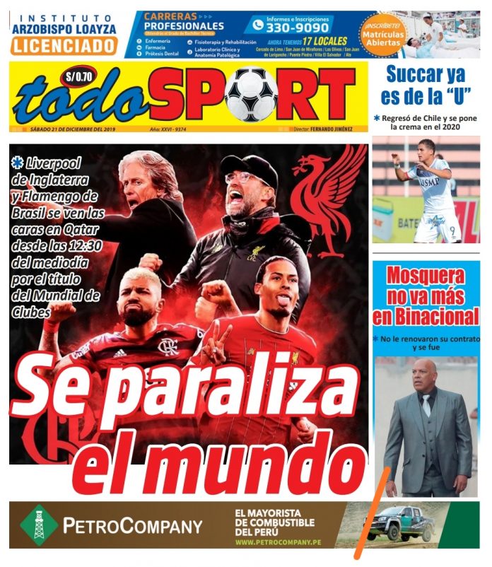 Portada impresa – Diario Todo Sport (21/12/2019)