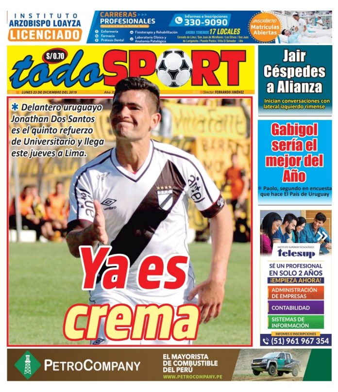 Portada impresa – Diario Todo Sport (23/12/2019)