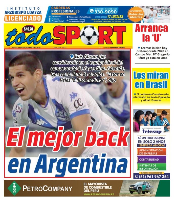 Portada impresa – Diario Todo Sport (26/12/2019)