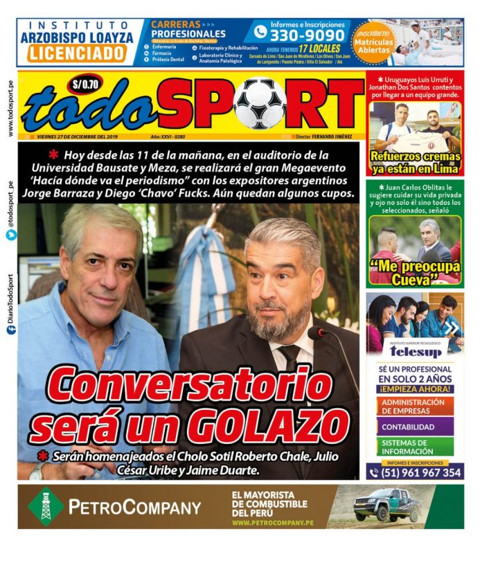 Portada impresa – Diario Todo Sport (27/12/2019)