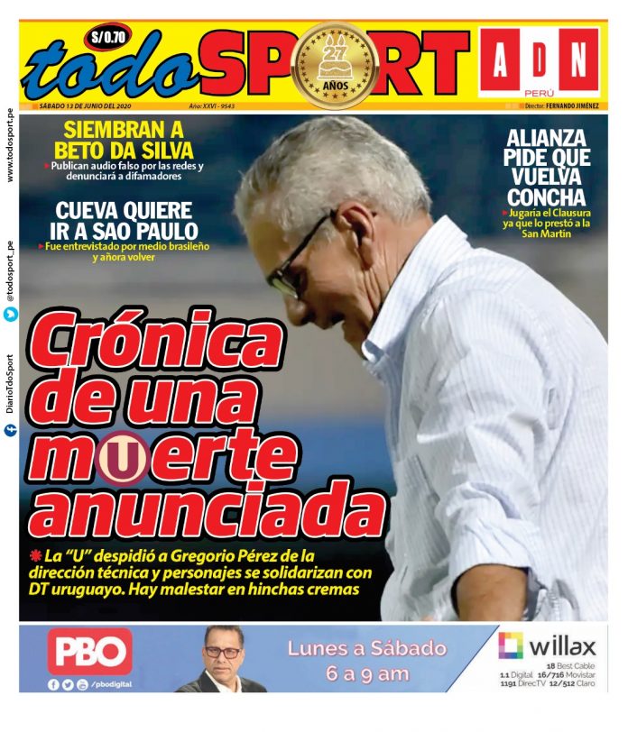 Portada impresa – Diario Todo Sport (13/06/2020)