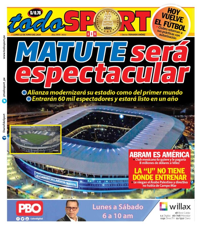 Portada impresa – Diario Todo Sport (22/06/2020)