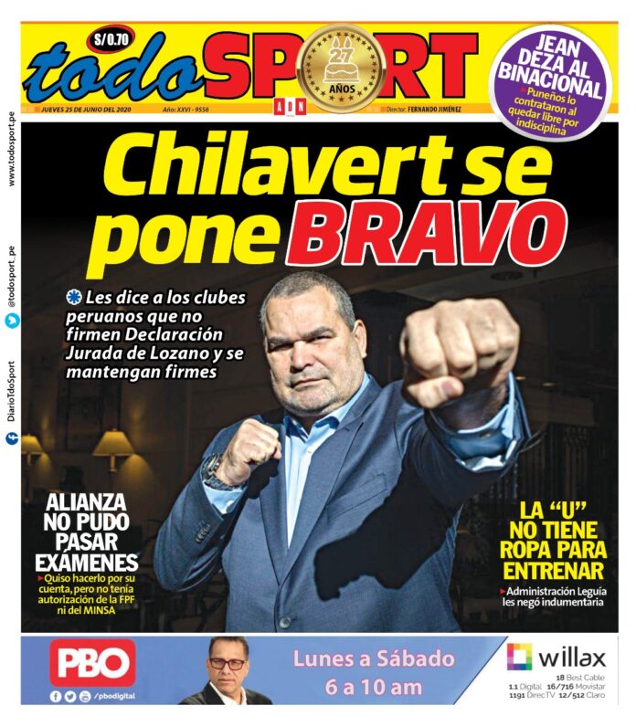 Portada impresa – Diario Todo Sport (25/06/2020)