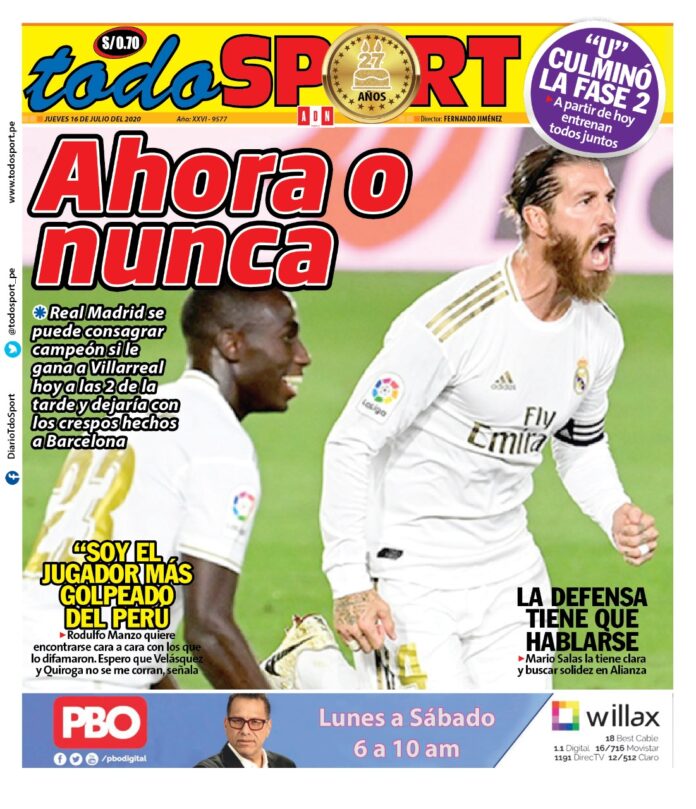 Portada impresa – Diario Todo Sport (16/07/2020)