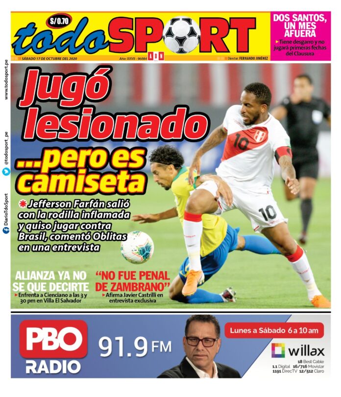 Portada impresa – Diario Todo Sport (17/10/2020)