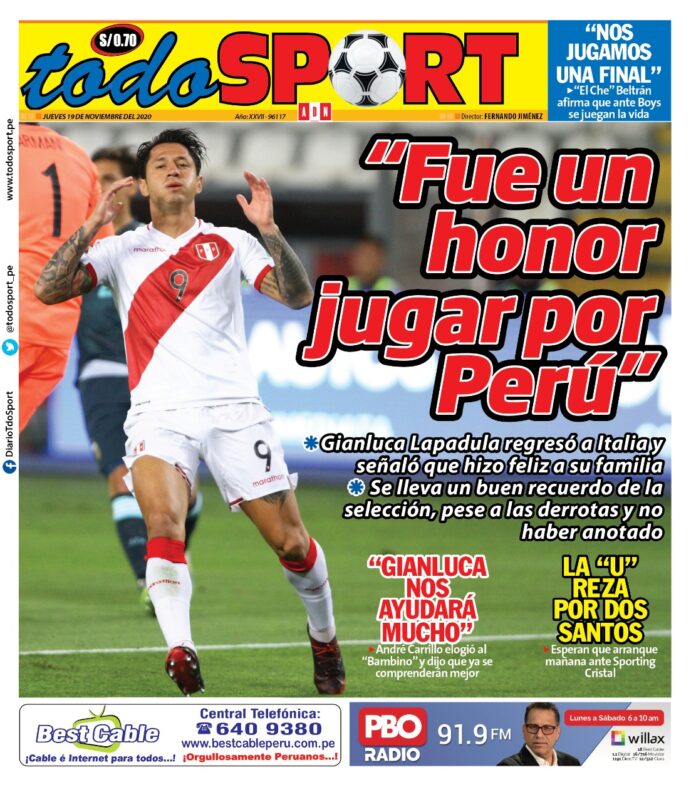 Portada impresa – Diario Todo Sport (19/11/2020)