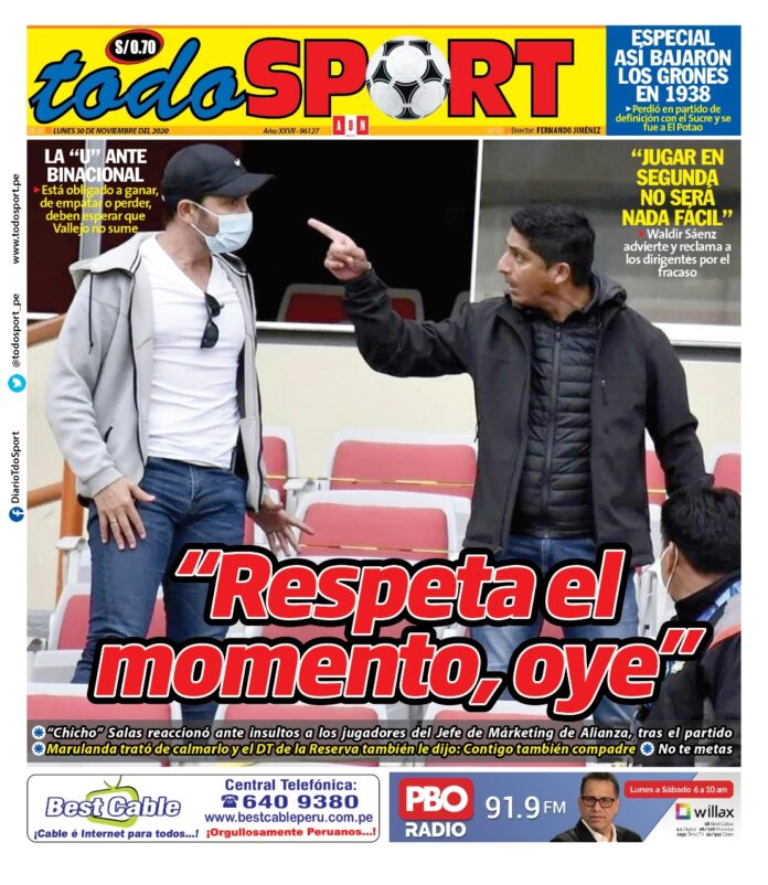 Portada impresa – Diario Todo Sport (30/11/2020)