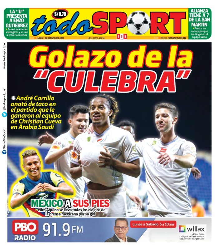 Portada impresa – Diario Todo Sport (01/03/2020)