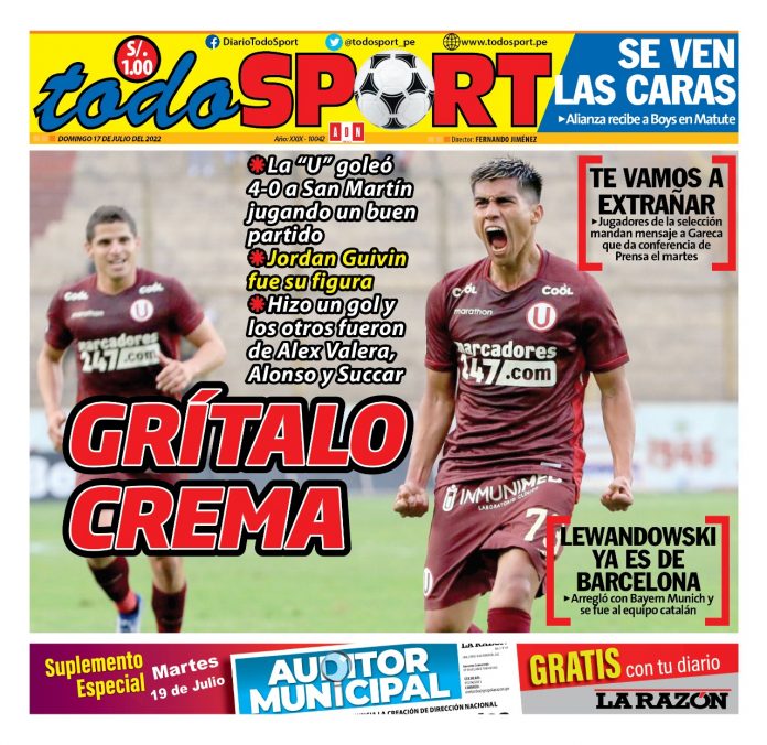 Portada impresa – Diario Todo Sport (17/07/2022)