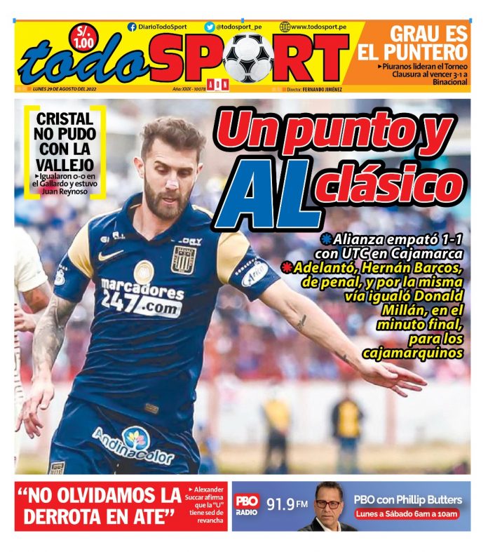 Portada impresa – Diario Todo Sport (29/08/2022)