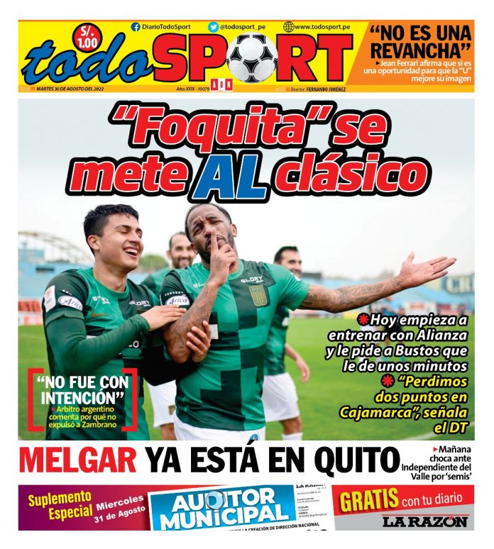 Portada impresa – Diario Todo Sport 30-08-2022 Portada impresa – Diario Todo Sport (30/08/2022)
