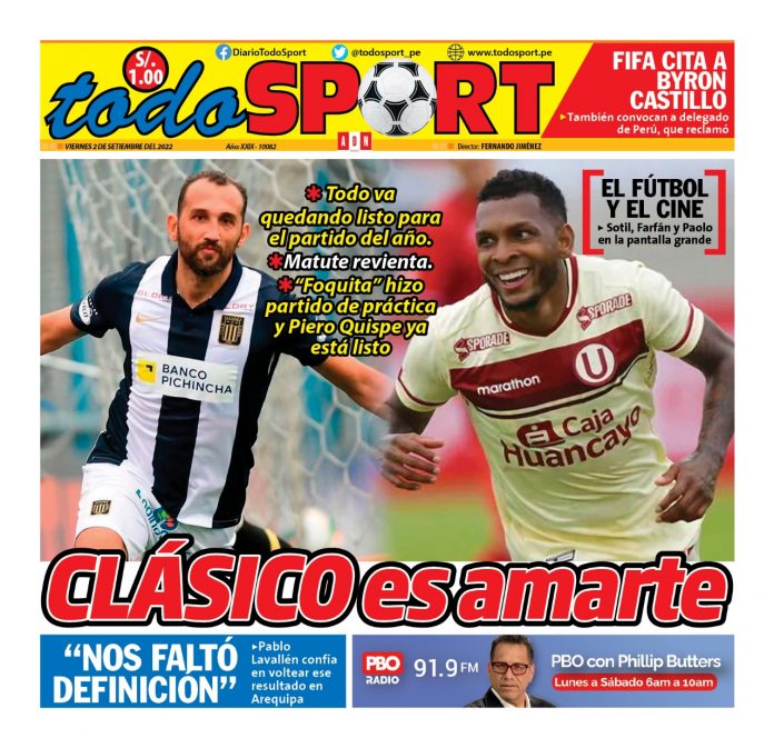 Portada impresa – Diario Todo Sport 02-09-2022 Portada impresa – Diario Todo Sport (02/09/2022)