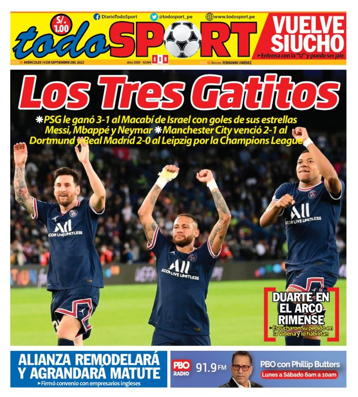 Portada impresa – Diario Todo Sport 15-09-2022 Portada impresa – Diario Todo Sport (15/09/2022)