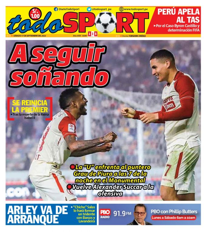 Portada impresa – Diario Todo Sport (17/09/2022)