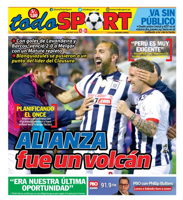 Portada impresa – Diario Todo Sport 22-09-2022 Portada impresa – Diario Todo Sport (22/09/2022)