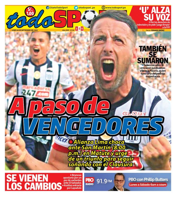 Portada impresa – Diario Todo Sport (26/09/2022)