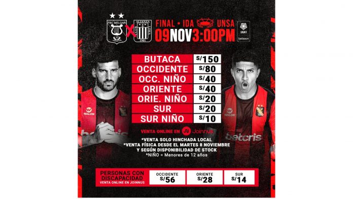 Precios de las entradas por el partido de ida entre Melgar vs. Alianza Lima