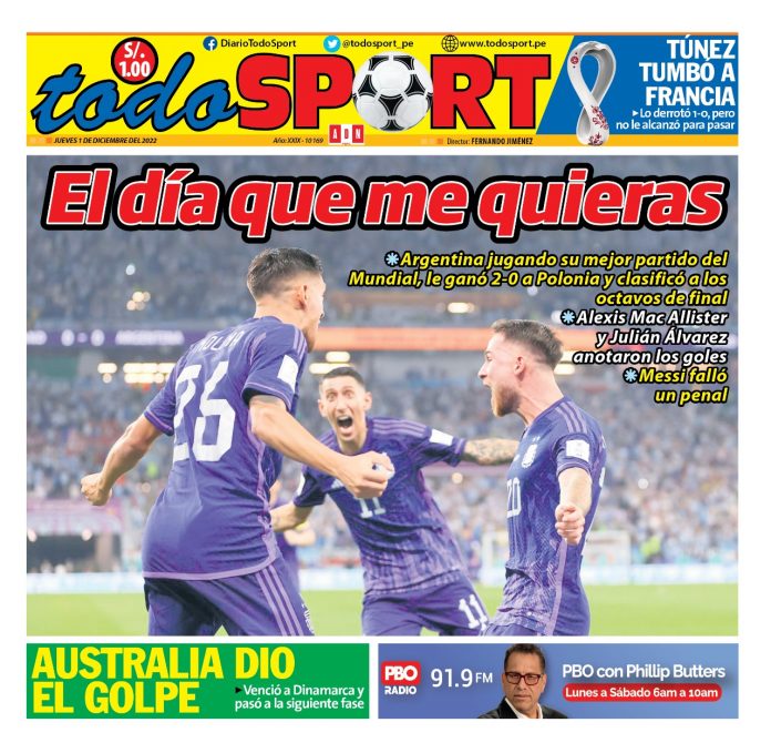 Portada impresa – Diario Todo Sport 01-12-2022