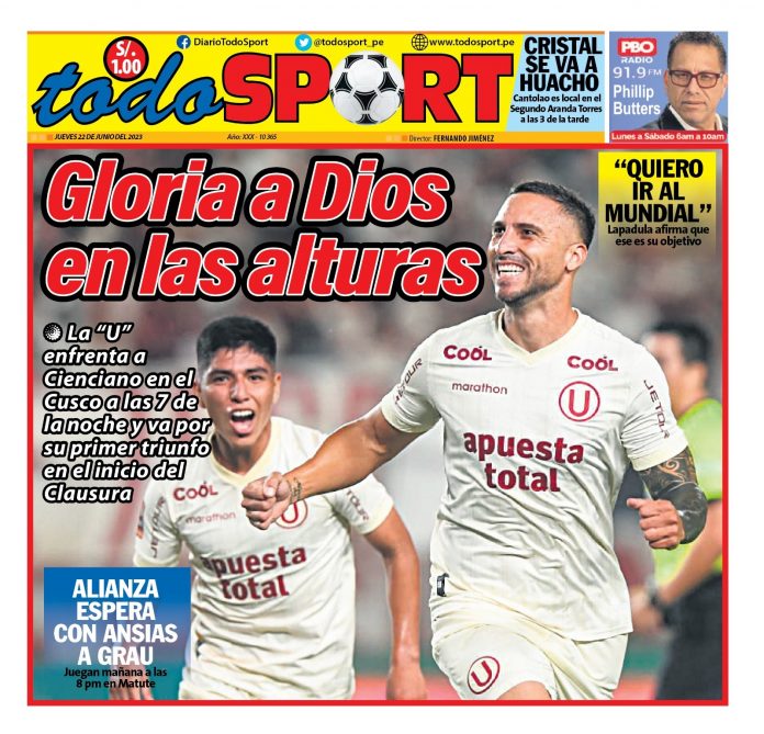 Portada impresa – Diario Todo Sports 22-06-2023