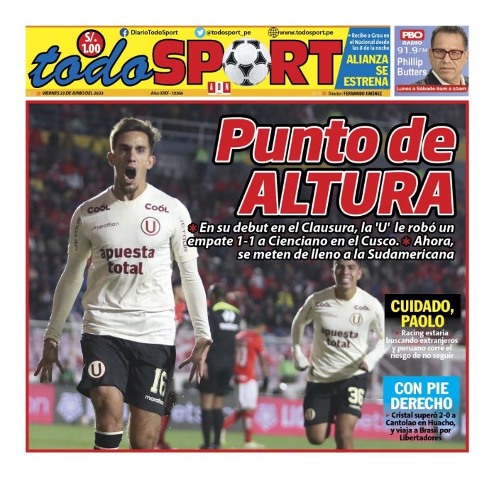 Portada impresa – Diario Todo Sports 23-06-2023
