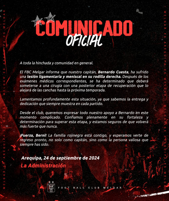 Dura baja para Melgar: Cuesta se pierde toda la temporada